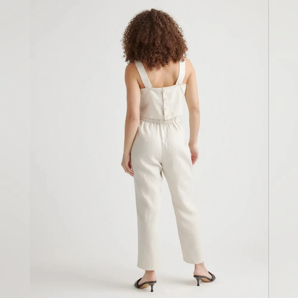 Linen-Blend Cream High-Waist Pants